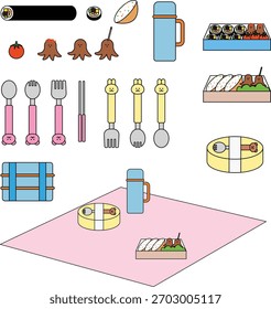 Picnic bento lunch set with cute side dishes and picnic items illustration