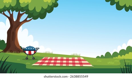 Picnic blanket and BBQ grill under tree in patriotic summer park scene