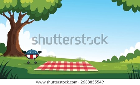 Picnic blanket and BBQ grill under tree in patriotic summer park scene