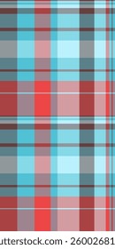 Picnic blanket check pattern tartan, iconic fabric textile plaid. Geometry background seamless vector texture in cyan and red colors palette.