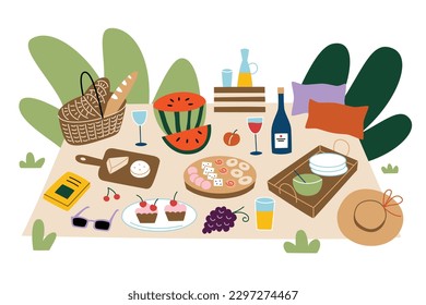 Picnic blanket with delicious food, snacks and drinks for outside meal. Hand drawn composition with picnic wicker basket. Eating outdoors, vector illustrations of fruits, wine, cheese. Trendy glamping