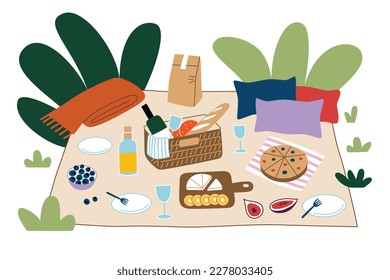 Picknickdecke mit Essen, Snacks und Getränken. Handgezeichnete Komposition mit Picknickkorb. Essen im Freien, Vektorgrafiken von Wein, Saft, Kuchen. Trendfarbenes Abendessen im Freien in der Natur, farbige Clipkunst