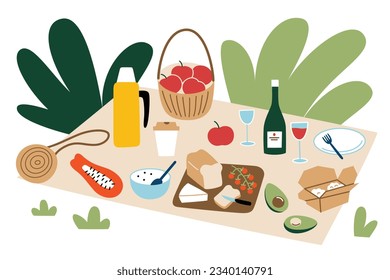 Picnic blanket with food, snacks, drinks. Hand drawn composition with wicker basket. Eating outside. Vector illustrations of fruits, wine, cheese. Outdoor dinner, glamping concept. Picnic invitation