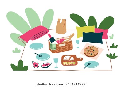 Picnic blanket with food, vector illustration of summer lunch outside, wicker basket with wine and fruit, hand drawn composition, enjoying meal outdoors, eating in park at springtime