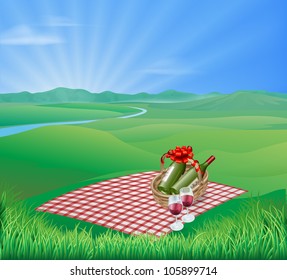 Picnic blanket and red wine in natural landscape. Romantic scene