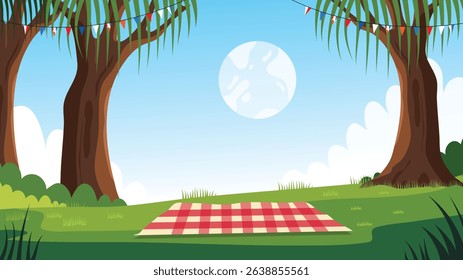 Picnic blanket under trees with full moon and blue sky in patriotic park