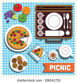 Picnic blanket vector/pizza/fruits/tea/biscuits background design