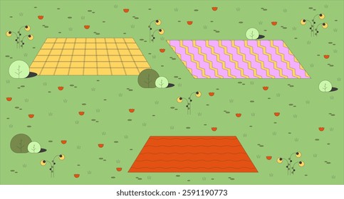 Picnic blankets placed on grassy field with blooming flowers flat illustration background. Summer nature cozy. Peaceful outdoor 2D landscape cartoon backdrop. Colorful scene vector art image