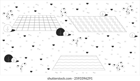 Picnic blankets placed on grassy field with blooming flowers line illustration backdrop. Summer nature cozy. Peaceful outdoor 2D ink outline landscape monochrome background. Lineart vector