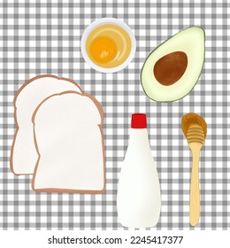 Picnic Breakfast Ingredients illustration. Sliced Bread, Avocado, Mayonnaise, Honey and Eggs on Grey-White Checkered Table.	