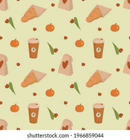Picnic and brunch. Vector seamless pattern. Coffee and croissant outdoor