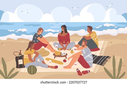 Picnic por el mar, fondo vectorial o cartel.