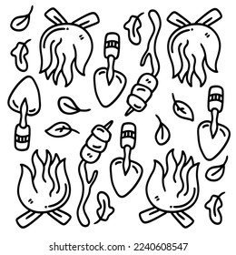 Picknick- und Camping-Doodle-Line-Vektor