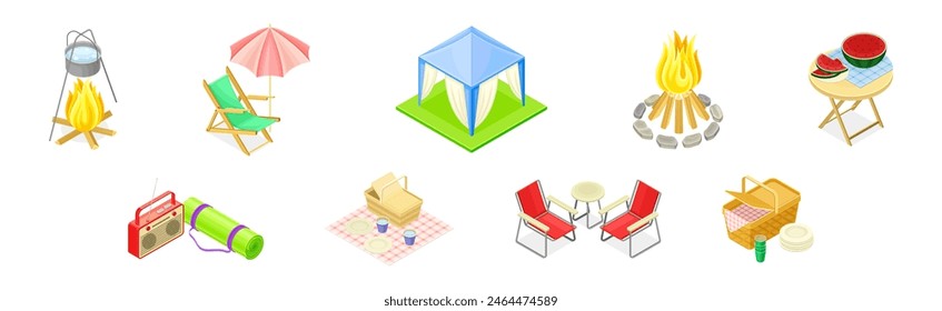 Picnic Camping Element and Object Isometric Vector Set