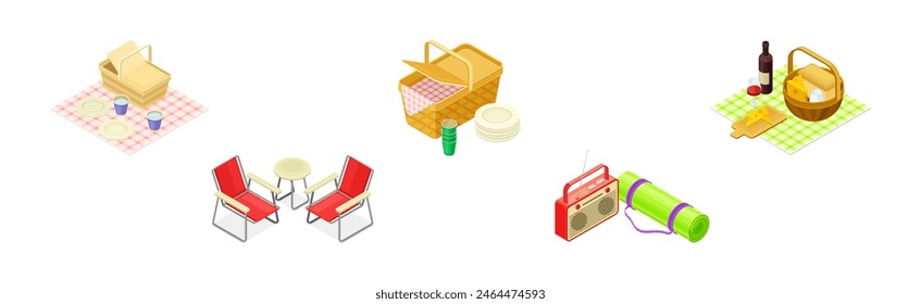 Picnic Camping Element and Object Isometric Vector Set