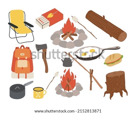Picnic. Camping food kit vector. Camping Gear set. Holiday trip, survival in wild, travel, trekking, eating and cooking outdoor concept. Countryside and nature vacation, tourism. Outdoor recreation