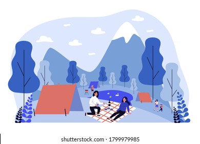 Picnic and camping outdoors. Women sitting on plaid near tent, eating and drinking wine flat vector illustration. Vacation, nature concept for banner, website design or landing web page