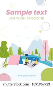 Picnic y camping al aire libre. Mujeres sentadas en una manta cerca de una carpa, comiendo y bebiendo vino, ilustración vectorial plana. Vacaciones, concepto de naturaleza para banner, diseño de sitios web o página web de aterrizaje