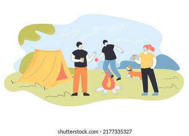 Picnic camping scene and rest by campfire of young friends. Man playing with dog on grass, woman drinking flat vector illustration. Summer camp concept for banner, website design or landing web page