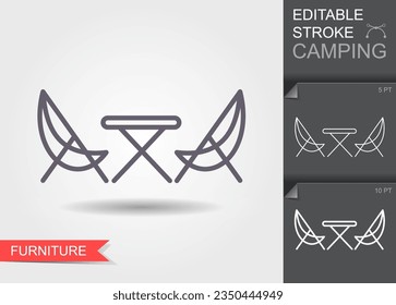 Picnic, camping table and folding chairs simple icon vector. Linear symbol of camping with shadow