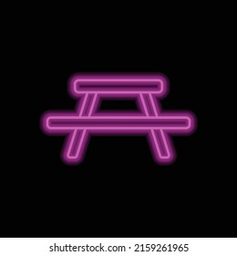 Picnic, camping table simple icon vector. Flat design. Purple neon style on black background.ai