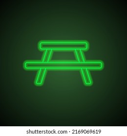 Picnic, camping table simple icon vector. Flat design. Green neon on black background with green light.ai
