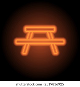 Picnic, camping table simple icon vector. Flat design. Orange neon on black background.ai