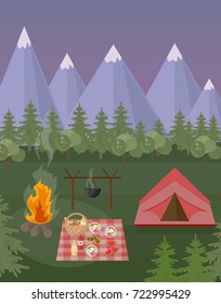 Picnic and camping tent mountains background. Vector green nature at nights