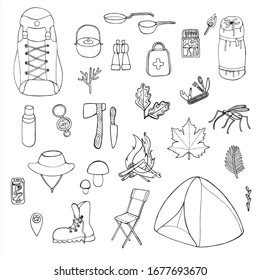 Picnic and camping, travel elements set, travel. Vector line art isolated on white