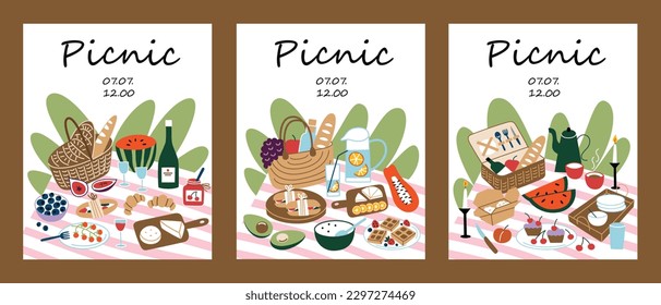 Picnic card collection, hand drawn compositions with food and drinks for outside meal, templates for picnic invitations, vector arrangement with wicker baskets, fruit and wine, summer posters