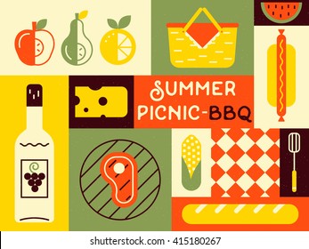 Picnic card in trendy vintage colors. Flat style vector illustration. Barbecue party invitation. BBQ cookout poster design with grill meat, fork, corn and sample text. Food flyer.  