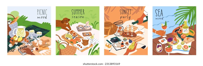 Picnic cards set. Food, snacks, drinks on blanket in nature on summer holiday, weekend. Outdoor eating, lunch and dinner with fruits on grass, beach, by sea. Vacation mood. Flat vector illustrations