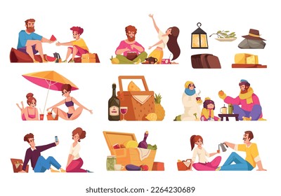 Picnic cartoon icons set with people eating food outdoors isolated vector illustration