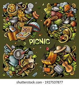 Diseños de doodles vectores de dibujos animados. Composiciones coloridas y detalladas con muchos alimentos y objetos y símbolos naturales. Todos los elementos están separados