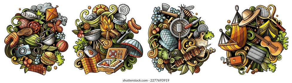 Picnic cartoon vector doodle designs set. Colorful detailed compositions with lot of food and nature objects and symbols. All items are separate