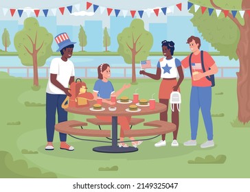 Picnic to celebrate Independence day in park flat color vector illustration. Young friends have fun at July fourth. National American holiday 2D simple cartoon characters with landscape on background