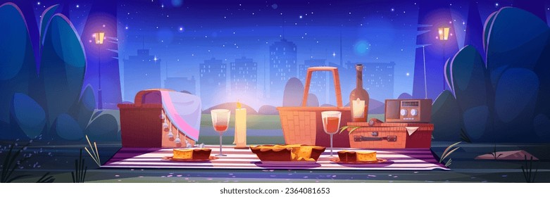 Picnic in city park in evening or at night - cartoon romantic date or outdoor holiday setup with wicker basket, lighted candle, and wine with pie on blanket over multi-story buildings in modern city.