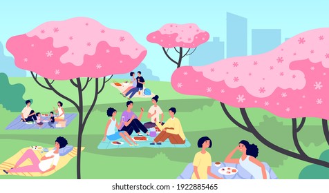 Picnic in city park. Family picnics, rest on nature landscape. People walking, cartoon spring summer families activities utter vector concept