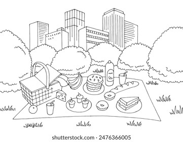 Picnic en el parque de la ciudad gráfico blanco negro paisaje boceto ilustración Vector