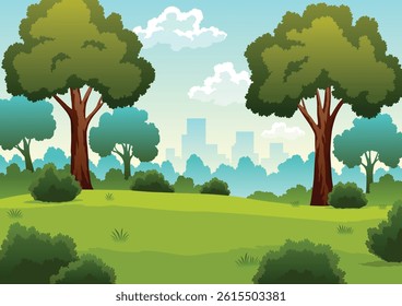 Picnic city park, green garden with skyline of multistory buildings. Summer landscape with tree vector illustration. Cartoon green and healthy urban background