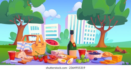 Picnic in city park on grass with basket cartoon background. Cloth on field with wine bottle, cheese, tomato and hamper for takeaway food. Simple travel recreation meal setup and urban skyscraper view