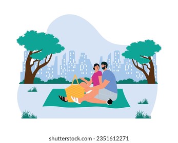 Picnic in city park with partner, relaxing time for recreation, social activity vector illustration.