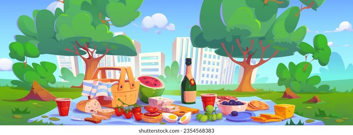 Picnic in city park - ready-to-eat food and drinks on blanket in green garden with skyline of multistory buildings. Cartoon wicker basket, fruits and vegetables, sandwiches and bottle of wine on rug.