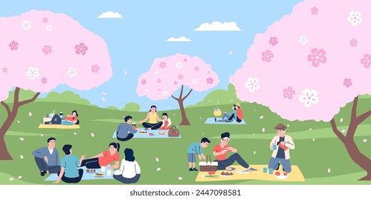 Picnic in city park. Spring time family recreation. People groups eating and drinking under pink floral trees. Outdoor recreation recent vector scene