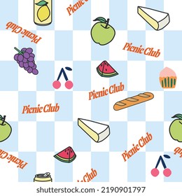 PICNIC CLUB DESERT FRUITS DRINKS CAKE REPEAT PRINT SEAMLESS PATTERN VECTOR