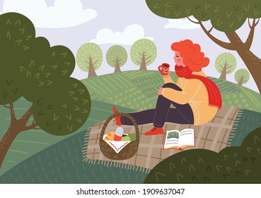 Picnic. Coffee outdoor. Woman drink tea and read book sitting on plaid on meadow or in the park. Spring mood.