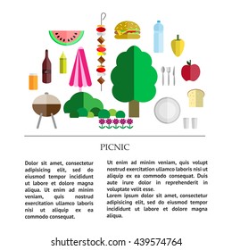 picnic collection - different components of a picnic - food, drinks, utensils and grill, nature with place for text.