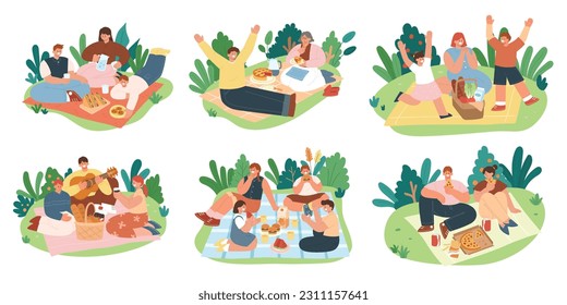 Picnic. Collection of happy people go outside for picnic, eating out, set of friends, family and couples having lunch. Flat cartoon style vector illustration isolated on white background.