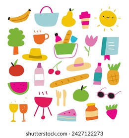 Picnic. Collection of isolated elements. Hand drawn vector flat design. Illustrations on white background.