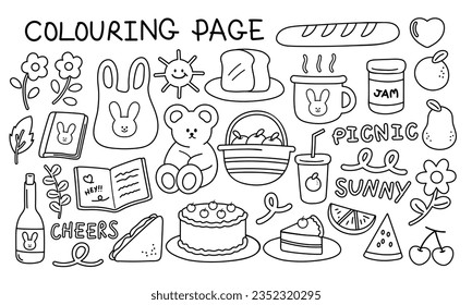 Picnic colouring book for kids and adults with black outlines of bread, jam, sandwich, apple, hot drink, flowers, tote bag, cake, juice, cherry, watermelon, diary book, sun, champagne. Colouring pages